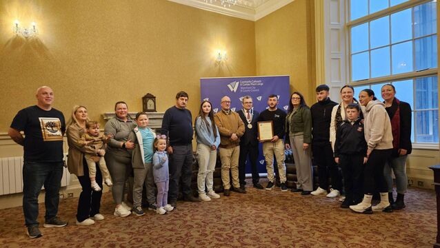 <p>Chalie Costello and his family gathered at his Mayoral Reception with Mayor Seamus Ryan. </p>