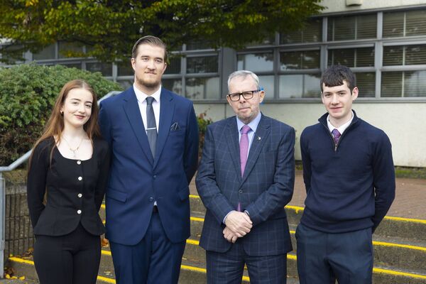 Hospitality students Caitlin Cleary, Zetény Kovácz and Eamon Dowling with Cyril McAree of The Hotel & Restaurant Times. Photo: Patrick Browne Hospitality students Caitlin Cleary, Zetény Kovácz and Eamon Dowling with Cyril McAree of The Hotel & Restaurant Times. Photo: Patrick Browne