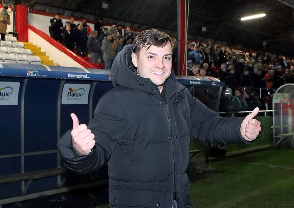 Waterford FC owner Jamie Pilley celebrates after the game. All Photos: Noel Browne