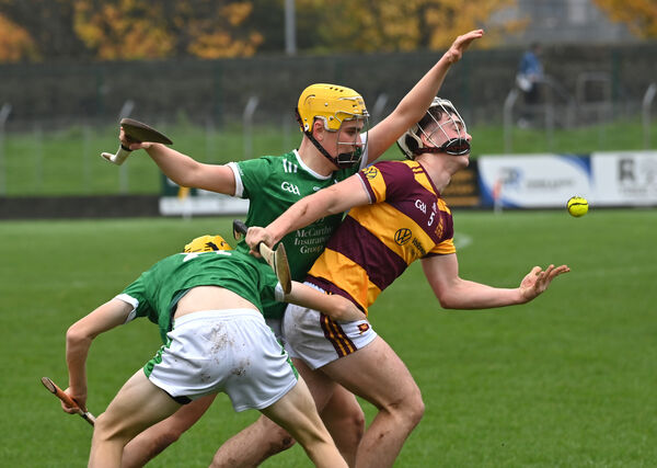  John O'Keeffe,St Colman's College, Fermoy getting in a strong tackle on Eddie O'Reilly, De La Salle College, Waterford in their TUS Dr Harty Cup match at the Fraher Field, Dungarvan. Picture Dan Linehan
