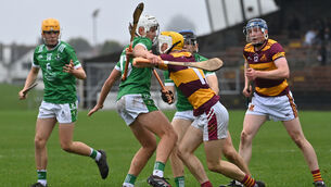 <p> Oran Hegarty, St Colman's College, Fermoy blocking the path of Darragh Hearne, De La Salle College, Waterford in their TUS Dr Harty Cup match at the Fraher Field, Dungarvan. Picture Dan Linehan</p>
