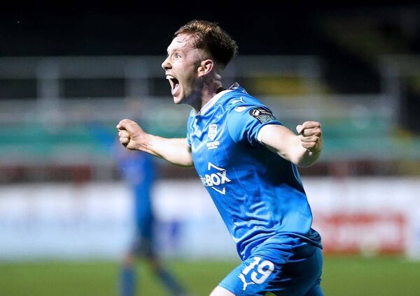 Sam Glenfield celebrates his winning goal that keeps Waterford in the LOI Premier Division. Sam Glenfield celebrates his winning goal that keeps Waterford in the LOI Premier Division.