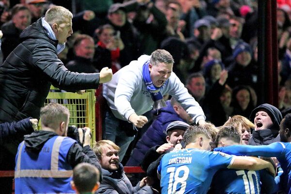 The Waterford FC fans celebrate Sam Glenfield's winning goal against Bray Wanderers. The Waterford FC fans celebrate Sam Glenfield's winning goal against Bray Wanderers.