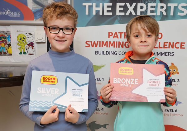  Brothers, Finn and Noah, who received their Rookie Lifeguard, Sliver Stage 1 and Bronze Stage 2 swimming certificates at Kingfisher.