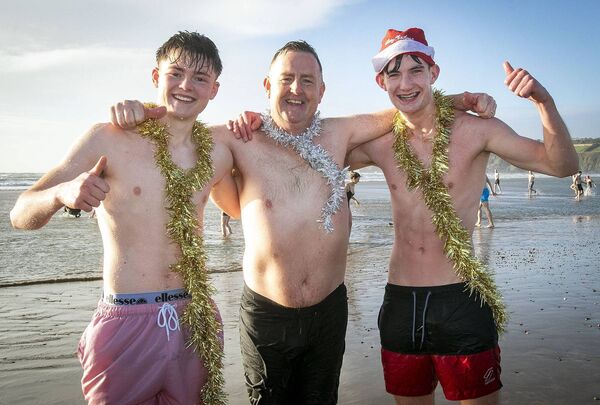 Cillian Hoctor, Ger Walsh and Rory Walsh brave the Christmas Day Swim at Tramore Beach. Photo: Joe Evans Cillian Hoctor, Ger Walsh and Rory Walsh brave the Christmas Day Swim at Tramore Beach. Photo: Joe Evans