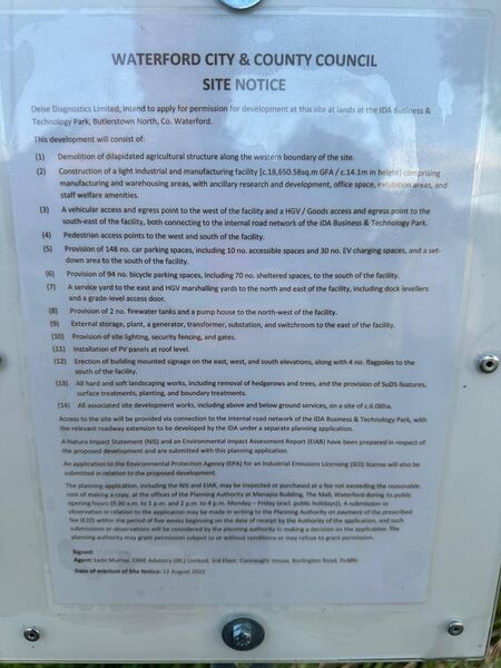 A site notice for Déise Diagnostics' proposed development in Butlerstown North A site notice for Déise Diagnostics' proposed development in Butlerstown North