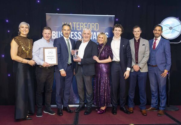 Niall Mackey, AIB Bank, presenting Dave Barry, Dean Donnelly, Ian Fahey and Isaac Barry of Dave Barry Plastics, with the Business of the Year Award (up to 100 employees). Also included are Sean Drohan, WLR, Éadaoin Carrick, Waterford Chamber President and Oren Byrne, Dungarvan & West Chamber President. Photo: Patrick Browne Niall Mackey, AIB Bank, presenting Dave Barry, Dean Donnelly, Ian Fahey and Isaac Barry of Dave Barry Plastics, with the Business of the Year Award (up to 100 employees). Also included are Sean Drohan, WLR, Éadaoin Carrick, Waterford Chamber President and Oren Byrne, Dungarvan & West Chamber President. Photo: Patrick Browne