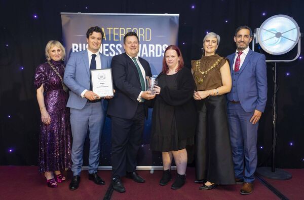 Gareth Evans, Waterford Local Enterprise Office, Ciara O’Farrell and Jack Kennedy of Eureka AI with the New Business of the Year Award. Also included are Sean Drohan, WLR, Éadaoin Carrick, Waterford Chamber President and Oren Byrne, Dungarvan & West Chamber President. Photo: Patrick Browne Gareth Evans, Waterford Local Enterprise Office, Ciara O’Farrell and Jack Kennedy of Eureka AI with the New Business of the Year Award. Also included are Sean Drohan, WLR, Éadaoin Carrick, Waterford Chamber President and Oren Byrne, Dungarvan & West Chamber President. Photo: Patrick Browne