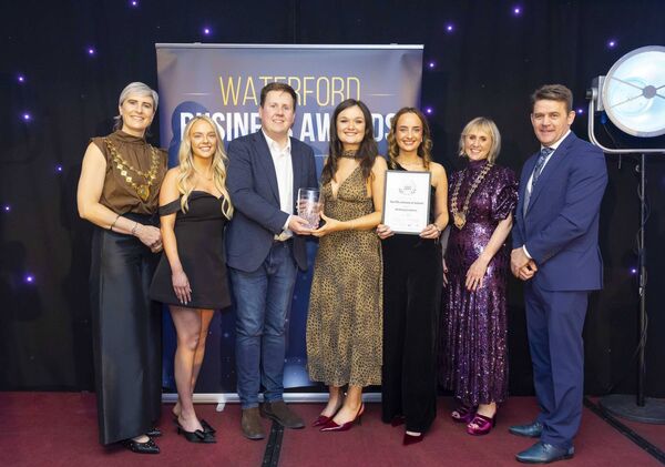 Barry Holland, Cork Airport, presenting Tara Bourke, Olivia Klimcyz and Millie Nugent, The TEFL Institute of Ireland, with the Marketing Excellence Award. Also included are with Neil Gough, WLR, Éadaoin Carrick, Waterford Chamber President and Oren Byrne, Dungarvan & West Chamber President. Photo: Patrick Browne Barry Holland, Cork Airport, presenting Tara Bourke, Olivia Klimcyz and Millie Nugent, The TEFL Institute of Ireland, with the Marketing Excellence Award. Also included are with Neil Gough, WLR, Éadaoin Carrick, Waterford Chamber President and Oren Byrne, Dungarvan & West Chamber President. Photo: Patrick Browne