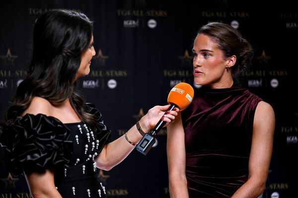 Waterford footballer Emma Murray is interviewed during the TG4 All-Ireland Ladies Football All Stars Awards banquet at the Bonnington Dublin Hotel. Photo: Brendan Moran/Sportsfile.