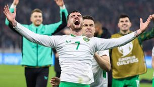 <p>Troy Parrott and Séamus Coleman celebrate after Ireland's victory over Hungary in the Puskás Aréna, Budapest. Photo: ©INPHO/Stephen Gormley</p> <p>Troy Parrott and Séamus Coleman celebrate after Ireland's victory over Hungary in the Puskás Aréna, Budapest. Photo: ©INPHO/Stephen Gormley</p>