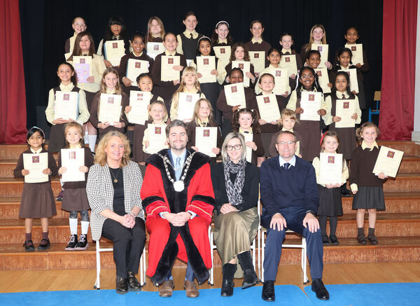  Metropolitan Mayor of Waterford Cllr Adam Wyse visited St. John of God and presented Hand Writing Certificates to the winning pupils; also included are Brid Golden, Principal, Avril Hartery, Deputy Principal and Paddy Dooley, Waterford Council.
