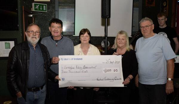 Members of the Newtown, Kilmacthomas Fundraising Committee proudly presenting a cheque for €3,000 to Ray Halligan, Chairperson of the Waterford/South Kilkenny Branch of the IKA. Left to Right: John Joe Bagge (Chairperson, Newtown Fundraising Committee), Ray Halligan (Chairperson, Waterford IKA Branch), Mary Bagge, Anne Power, and Martin McNamara. Members of the Newtown, Kilmacthomas Fundraising Committee proudly presenting a cheque for €3,000 to Ray Halligan, Chairperson of the Waterford/South Kilkenny Branch of the IKA. Left to Right: John Joe Bagge (Chairperson, Newtown Fundraising Committee), Ray Halligan (Chairperson, Waterford IKA Branch), Mary Bagge, Anne Power, and Martin McNamara.