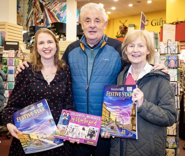 Mary Frances Ryan, John G O'Dwyer and Carmel, at The Book Centre for the launch of Festive Star and Colourful Memories of Waterford. Photo: Joe Evans Mary Frances Ryan, John G O'Dwyer and Carmel, at The Book Centre for the launch of Festive Star and Colourful Memories of Waterford. Photo: Joe Evans