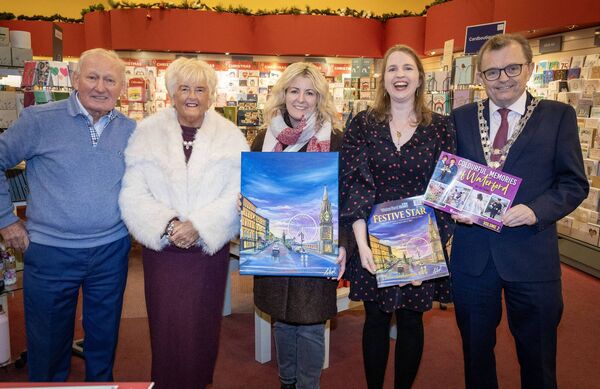 Alfie Hale, Catherine Moore, Lisa Keane, Mary Frances Ryan and Mayor of Waterford City & County Cllr Seamus Ryan, at the Book Centre for the launch of Festive Star and Colourful Memories of Waterford. Photo: Joe Evans Alfie Hale, Catherine Moore, Lisa Keane, Mary Frances Ryan and Mayor of Waterford City & County Cllr Seamus Ryan, at the Book Centre for the launch of Festive Star and Colourful Memories of Waterford. Photo: Joe Evans