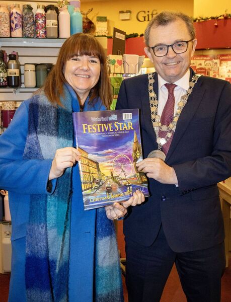 Anne Corcoran Brown, and Mayor of Waterford City and County Cllr Seamus Ryan, at the Book Centre for the launch of Festive Star and Colourful Memories of Waterford. Photo: Joe Evans