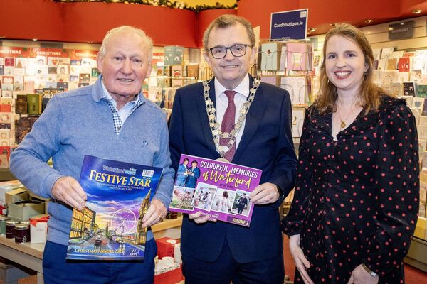 Alfie Hale, Mayor of Waterford City &amp; County Cllr Seamus Ryan and Mary Frances Ryan, at the Book Centre for the launch of Festive Star and Colourful Memories of Waterford. Photo: Joe Evans
