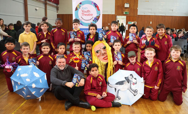  Colm Ó Cuanacháin, Fighting Words, with pupils from St. Stephen's De La Salle, at Mount Sion Hall for the launch of Fighting Words Waterford, Story Makers volume 1.