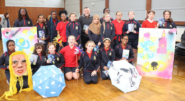  Colm Ó Cuanacháin, Fighting Words, with pupils from St. Ursula's, at Mount Sion Hall for the launch of Fighting Words Waterford, Story Makers volume 1.