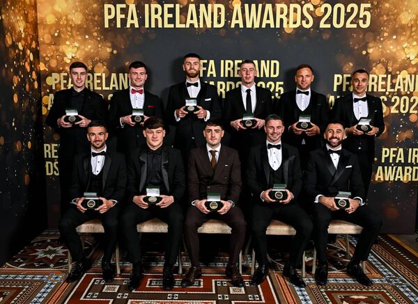 The PFA Ireland Men's Premier Division Team of the Year 2025, pictured with their medals during the PFA Ireland Awards 2025 at The College Green Hotel, Dublin. Photo: Stephen McCarthy/Sportsfile