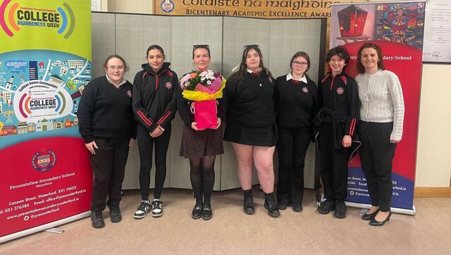 <p>Presentation Secondary School's Third Year Geography students pictured with Dawn O'Sullivan, from Bausch and Lomb. </p>