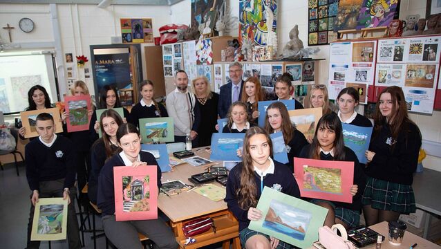 Ms Driver (Art Teacher) in Ardscol Na Mara was delighted to welcome Oil Pastel Visual Artist Declan O'Meara to Arscoil Na Mara Secondary School to impart his skills, knowledge and enthusiasm to a group of Fifth Year students over a period of 6 hours to create beautiful landscapes. Pictured are Mr. Padraig Cawley, Principal and Sinead Driver, Arts Teacher. Photo: John Power <p>Ms Driver (Art Teacher) in Ardscol Na Mara was delighted to welcome Oil Pastel Visual Artist Declan O'Meara to Arscoil Na Mara Secondary School to impart his skills, knowledge and enthusiasm to a group of Fifth Year students over a period of 6 hours to create beautiful landscapes. Pictured are Mr. Padraig Cawley, Principal and Sinead Driver, Arts Teacher. Photo: John Power</p>