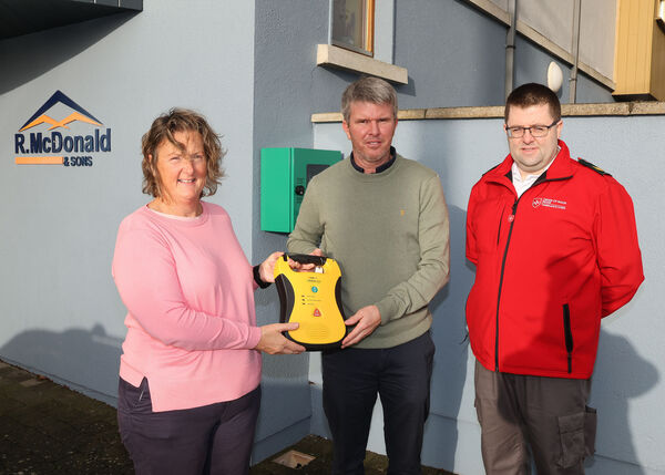  Pictured at R. McDonald &amp; Sons Tramore, where Cllr. Lola O'Sullivan presented a public defibrillator to Richard McDonald; also in picture is Derek O'Brien, Tramore Order of Malta.
