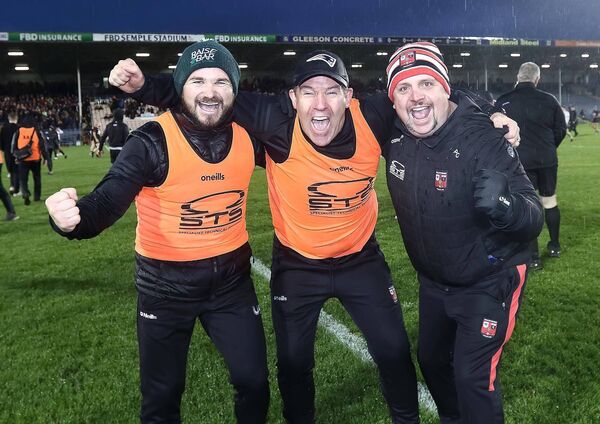 Ballygunner manager Jason Ryan, S&C coach Darragh Mulcahy and backroom team member Peter Ormonde celebrate at the final whistle. Ballygunner manager Jason Ryan, S&C coach Darragh Mulcahy and backroom team member Peter Ormonde celebrate at the final whistle.