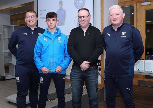The Blues Supporters Club U-14 Player of the Year sponsored by Martin Colbert was Billy Carney and he is pictured with Owen Power, BSC, Xander Coolbear and Mike Geoghegan, Waterford FC coaches,