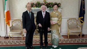 <p>Former Ambassador H.E Junji Shimada presents his credentials to President Michael D Higgins in March. Pictured with the president and Mrs Kaoru Shimada. Picture: President of Ireland</p>