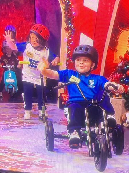 Fintan and Louie Prud’homme wave to the audience during the county parade, a popular part of the Late Late Toy Show. Fintan and Louie Prud’homme wave to the audience during the county parade, a popular part of the Late Late Toy Show.