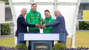 <p>Tramore Racecourse has announced that O’Driscoll’s Irish Whiskey will continue its sponsorship of the Grade 3 New Year’s Day Chase.  Pictured are (L to R): Owen Byrne, Tramore Racecourse Manager; Mark Sexton and Michael Stafford, O'Driscoll's Irish Whiskey, and Karl Casey, Tramore Racecourse Chairman. Photo: Noel Browne</p>