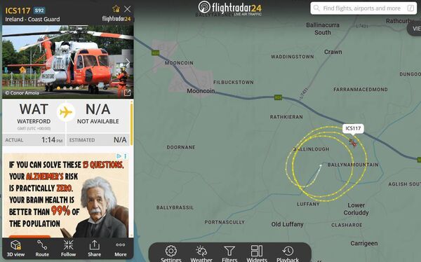 A screenshot of Waterford's Coast Guard's flight path.
