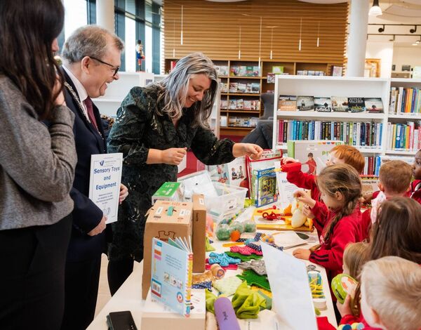 Mayor of Waterford City and County, Cllr Seamus Ryan at the launch of the Sensory Toys and Equipment Collection in Carrickphierish Library with Debbie Johnston and Fiona Foskin of Waterford Libraries, and Senior Infant pupils from Gaelscoil na nDéise. Mayor of Waterford City and County, Cllr Seamus Ryan at the launch of the Sensory Toys and Equipment Collection in Carrickphierish Library with Debbie Johnston and Fiona Foskin of Waterford Libraries, and Senior Infant pupils from Gaelscoil na nDéise.