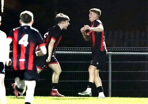Bohs Bernie Patrick McDonagh celebrates with teammate Josh O'Neill-Nolan after he opened the scoring for his side.