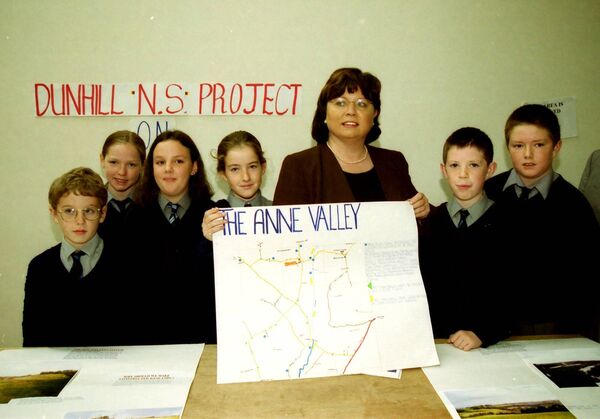 An Tánaiste Mary Harney, TD at the official opening of Phase 2 of the Dunhill Enterprise Park back in 2000. She is pictured with children from Dunhill NS with their Ann Valley Project, from left, Alan Bloomer, Clara Murphy, Kim Casey, Sarah Ryan Mary Harney, TD, Ciaran O'Shea and Colm Keating.