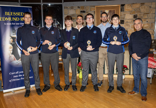 Pictured at the Mount Sion Secondary annual awards evening were students, Cian Moran and Ciaran Flynn, Entrepreneurial award, Calvin Flynn, Student Council award, Mark Keogh, Mentoring, and Martin Burke, Environmental award; also included are teachers, Andrea Drea and Barry Upton, and past pupil Paul Swift. Pictured at the Mount Sion Secondary annual awards evening were students, Cian Moran and Ciaran Flynn, Entrepreneurial award, Calvin Flynn, Student Council award, Mark Keogh, Mentoring, and Martin Burke, Environmental award; also included are teachers, Andrea Drea and Barry Upton, and past pupil Paul Swift.