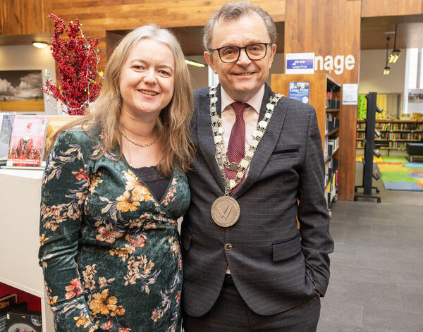  Sinead Higgins and Mayor of Waterford City &amp; County Cllr. Seamus Ryan at the Central Library Intergenerational Coffee Morning.
