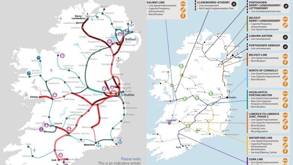 On the left is the All-island Rail Review published in 2021 and on the right is the plan published this week. On the left is the All-island Rail Review published in 2021 and on the right is the plan published this week.