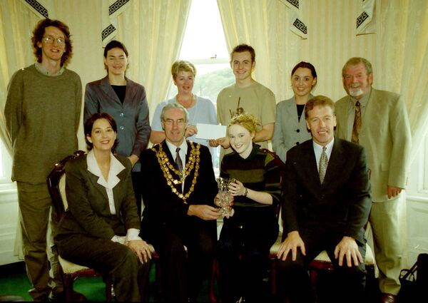 Waterford Youth Drama, monthly winners of the AIB/Waterford News &amp; Star Community Award back in 2000. Seated, Caroline Dower, WNS, Mayor of Waterford Ald. Davy Daniels, Jenny McGuire and Nick Donnelly, AIB, back, Ollie Breslin, Katie Hanrahan, WYD, Carol Prowse, AIB, Andrew McLaughlin, Emer O'Mara, WNS and Ollie Cleary.