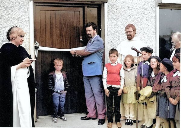 Former Mayor of Waterford Brian Swift cuts the ribbon to open the Ballybeg Community Centre in St. Saviour's Parish back in 1987, also present were Rev. E. Conway, Rev. Ben Moran and Bishop Michael Russell.