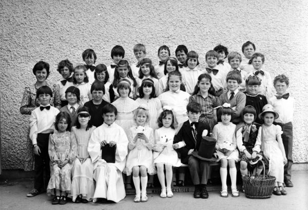 Third class pupils at St. Saviour's who staged The Wedding of the Painted Doll with their teacher Mrs Mary Fitzgerald in the 1982 Feile na Scoil.