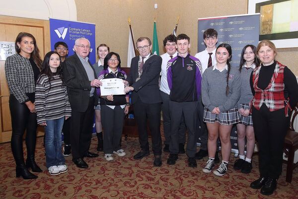 Mayor of Waterford City and County, Cllr. Seamus Ryan and Tom Murphy, Tom Murphy Car Sales Toyota are pictured presenting Waterpark College, Waterford with their Certificate of Participation, also included was Niamh Rockett, Brand Ambassador Tom Murphy Car Sales Toyota and Waterpark College students, Stephen Bergin, Orlaith Rudden, Cormac Mullaney, Harvey Parish, Lucy Colbert, Ava Howard, Neeva Coughlan, Rachel D'Arcy, Deric Koshy and teacher Deirdre Cahill.