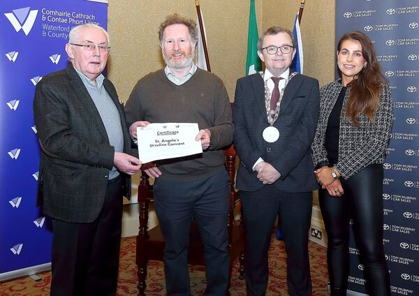 Mayor of Waterford City and County, Cllr. Seamus Ryan and Tom Murphy, Tom Murphy Car Sales Toyota are pictured presenting teacher Gavin Treacy, St.Angela's, Ursuline Convent, Waterford with Certificate of Participation, also included was Niamh Rockett, Brand Ambassador Tom Murphy Car Sales Toyota