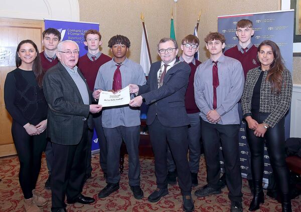 Mayor of Waterford City and County, Cllr. Seamus Ryan and Tom Murphy, Tom Murphy Car Sales Toyota are pictured presenting De La Salle College with their Certificate of Participation, also included was Niamh Rockett, Brand Ambassador Tom Murphy Car Sales Toyota and De La Salle College students, Anton Ciobanu, Richard Keane, Danny Walsh, Calum Power, Harry O'Flynn and David Oni and teacher Claire Ryan
