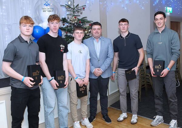 Waterford minor hurling selector Paul Flynn is pictured with the five members of the Waterford minor hurling team that were selected on the Electric Ireland Minor Hurling team of the year, Conor Lynch (Waterford and Geraldines) Darragh Keane (Waterford and De La Salle) Gearóid O’Shea (Waterford and St. Molleran’s) Shane Power (Waterford and De La Salle) and Cormac Spain (Waterford and Ballygunner) who was also named as the Electric Ireland Minor Hurler of the Year.