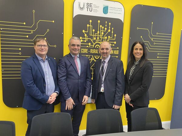 L-R: Brian Ogilvie, SETU Head of Entrepreneurship and Rural Engagement, Deputy Dara Calleary, Minister for Social Protection and Minister for Rural and Community Development and the Gaeltacht, Kieran Comerford, Head of Carlow Local Enterprise Office, and Professor Marie Claire Van Hout, SETU Vice President for Research, Innovation and Impact at SETU, pictured at the opening of the The Station House, Hacketstown, Co. Carlow L-R: Brian Ogilvie, SETU Head of Entrepreneurship and Rural Engagement, Deputy Dara Calleary, Minister for Social Protection and Minister for Rural and Community Development and the Gaeltacht, Kieran Comerford, Head of Carlow Local Enterprise Office, and Professor Marie Claire Van Hout, SETU Vice President for Research, Innovation and Impact at SETU, pictured at the opening of the The Station House, Hacketstown, Co. Carlow