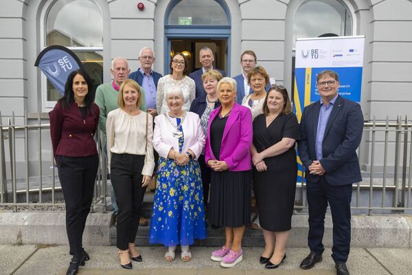Professor Marie Claire Van Hout, SETU Vice President Research, Innovation and Impact, Professor Veronica Campbell, SETU President, Cllr Mary Hilda Kavanagh, Cathaoirleach of Kilkenny County Council, Jennifer Murnane O' Connor, Minister of State at the Department of Health, Aileen McGrath, Kilkenny Local Enterprise Office, and Brian Ogilvie, SETU Head of Entrepreneurship and Rural Engagement, Ian Campbell, SETU Rural Business Development Manager, with members of the Urlingford Town Team. Photograph: Patrick Browne Professor Marie Claire Van Hout, SETU Vice President Research, Innovation and Impact, Professor Veronica Campbell, SETU President, Cllr Mary Hilda Kavanagh, Cathaoirleach of Kilkenny County Council, Jennifer Murnane O' Connor, Minister of State at the Department of Health, Aileen McGrath, Kilkenny Local Enterprise Office, and Brian Ogilvie, SETU Head of Entrepreneurship and Rural Engagement, Ian Campbell, SETU Rural Business Development Manager, with members of the Urlingford Town Team. Photograph: Patrick Browne