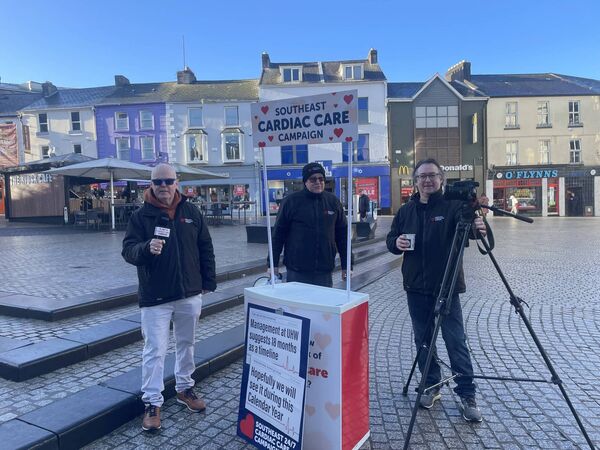 Cardiac care campaigners Konor Halpin, Mick Daniels and Anthony Kelly on Roberts Square, Waterford, Thursday morning, January 15. 