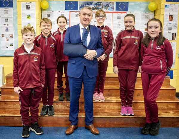 Billy Kelleher MEP with speakers, Mark, Breen, Amy, Helena, Harper and Mollie Photo: Joe Evans